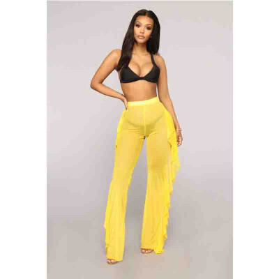 

Sexy Women Beach Mesh Ruffle Sheer Wide Leg Pants Trousers Bikini Cover Up S-XXL