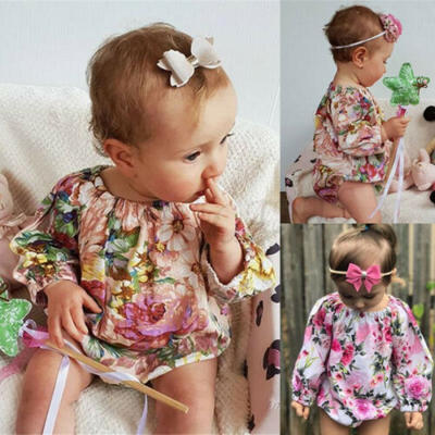 

US Newborn Baby Girl Kid Floral Long Sleeve Bodysuit Romper Headband Clothes Top
