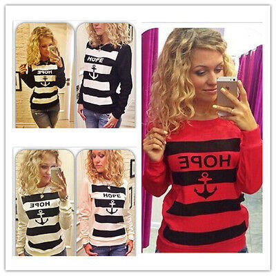 

Women Fashion Anchor Stripe Sweatshirt Top Crew Neck Fleece Jumper Pullover Tops