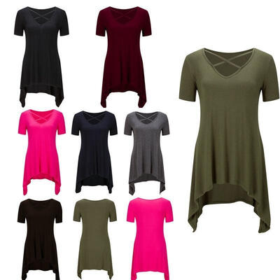 

Womens Summer Medium Tops Bandage V Neck Short Sleeve Loose Pullover Plus