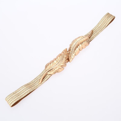 

Vintage Women Belt Leaves Clasp Front Stretch Skinny Elastic Belt Waist Strap Gold