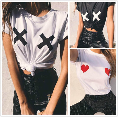 

Amazon WISH 2017 summer new cotton round neck printed heart print × pattern casual T-shirt female White
