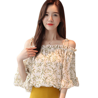 

Sexy Off Shoulder Ruffle Tops Blouses Floral Printed Chiffon Blouse Korean Short Sleeve Casual Women Blusas Femininas Clothing