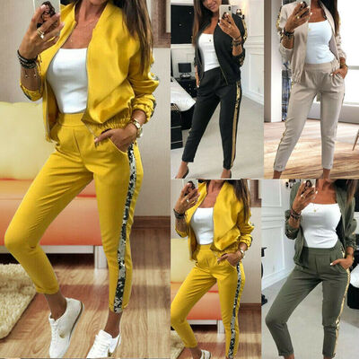 

Womens 2pcs Tracksuit Sweatshirt Pants Set Sport Gym Yoga Zipper Up Jogging Suit