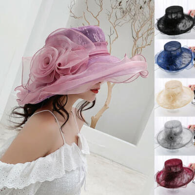 

Hot Elegant Women Lace Wide Brim Kentucky Derby Sun Hat Wedding Party Church Cap