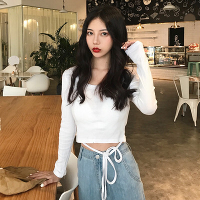 

Solid Color Round Neck Long Sleeve Knotted Short Paragraph Belly Navel Woman T-shirt Wild Fashion Autumn New