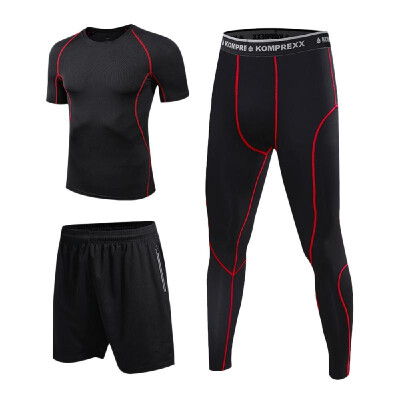 

Men Compression Sports Set 3 Pack with Compression T-shirt Loose Fitting Shorts Tight Leggings Pants For Running Cycling Basketbal