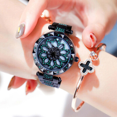 

Luxury Brand New Purple Women Quartz Watches Fashion Rotating Dial Ladies Diamond Clock Gold Steel Female Clock Gift Reloj Mujer