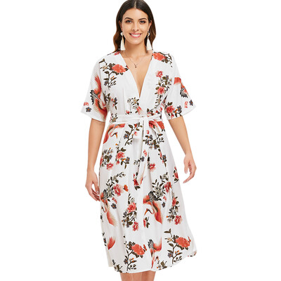 

Open Back Half Sleeve Print Belted Dress
