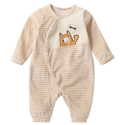 

Soft Warm Winter Cartoon Stripe Baby Rompers Side Button Up Cotton Jumpsuit