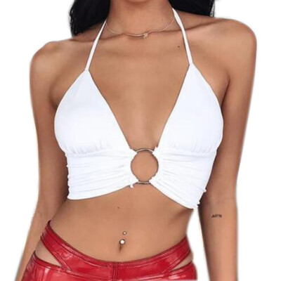 

Solid Halter Crop Top Women Backless Bandage Lace Up Metal Ring Tank Top Party Club Bustier