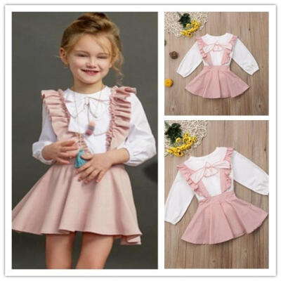 

Cute Baby girl casual long sleeve round neck bowknot white t-shirt top pink strap dress 2 piece autumn suit