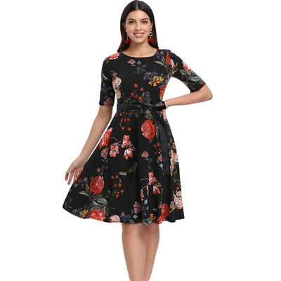 

Round Collar Half Sleeves Floral Print Tied Strap A-line Women Dress