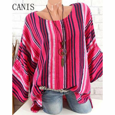 

Plus Size Women Tops Long Sleeve Blouse Cotton Linen Striped Baggy Loose T-Shirt