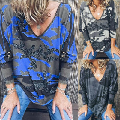

Women Summer Long Sleeve V Neck Casual Loose Tops Floral Spotted Blouse Shirt