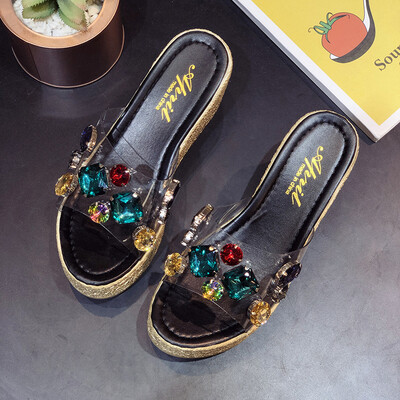

Wedge slippers women summer 2019 new Korean fashion wear straw rhinestones Joker muffin thick bottom high heel sandals