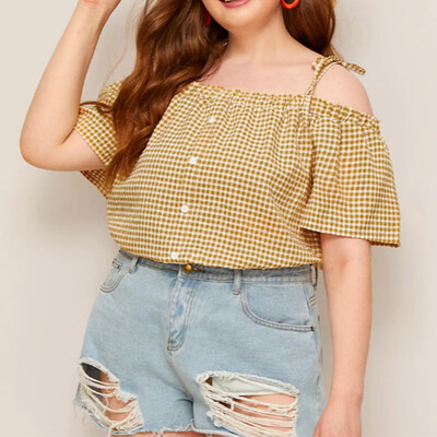 

Roseonmyhand Plus Size Women Off Shoulder Casual Plaid Tie Short Sleeve Top Blouse