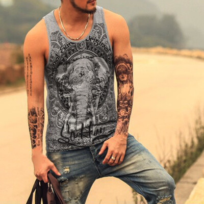 

Summer Men U-Neck Sleeveless Vintage Print Loose Beach Tops Sports Vest Singlet
