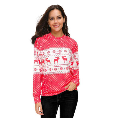 

Christmas Round Collar Women Blouse Dot Deer Pattern Long Sleeve Loose Tops