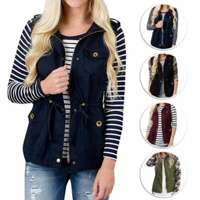 

Women Olive Cargo Utility Safari Vest Pockets Drawstring Army Top Jacket Coat