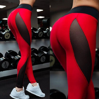 

Joom Amazon hot new explosion red bottom stitching black mesh womens yoga sports slim leggings red