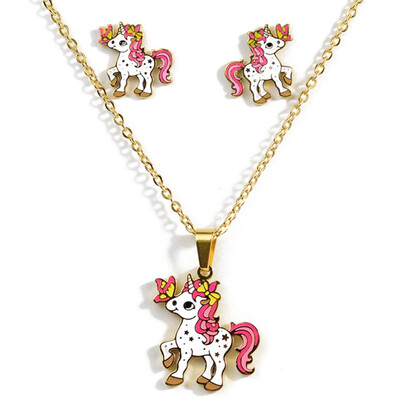 

Personality Unicorn Necklace Stud Earrings Set Female Temperament Fashion Hypoallergenic Pendant Stud Earrings Festival Gift