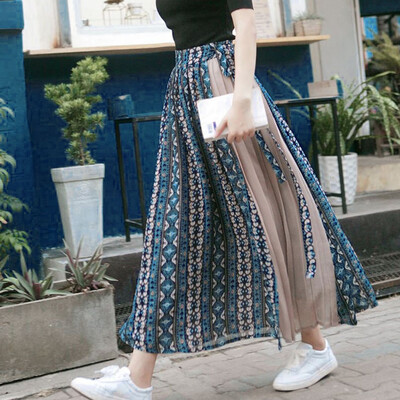 

Roseonmyhand Women Fashion Chiffon Print Patchwork Bandage Wrap Pleated Skirt Long Skirt