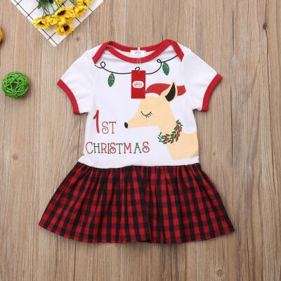 

Toddler Kids Baby Girls 1st Christmas Dress Deer Plaid Print Party Dresses new