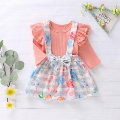 

US Infant Baby Girl Clothes Long Sleeve TopsFlower Strap Skirt Outfit Set 0-18M