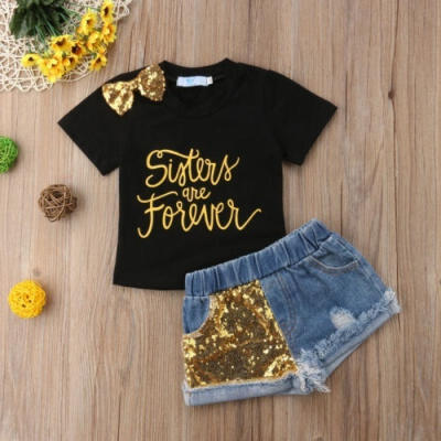 

Kids Baby Girl Bowknot T-Shirts TopSequins Denim Jeans Pants Clothes Outfit Set