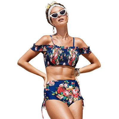 

Seaside vacation Womens Swimwear tube top word collar slinged navel print boxer split swimsuit