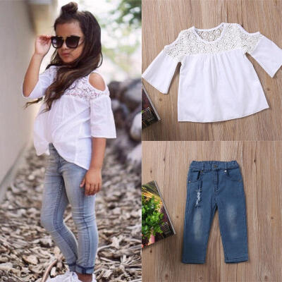 

2PCS Toddler Kids Baby Girls Lace T-shirts Tops Denim Pants Jeans Clothes Set