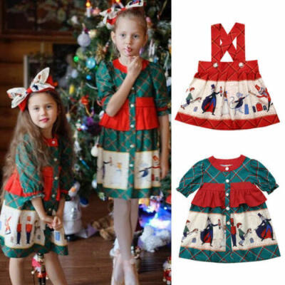 

US Newborn Baby Girl Christmas Plaids Cartoon Pageant Party Strap Dress Clothes