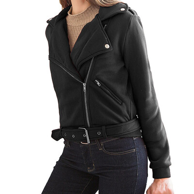 

2019 Autumn Winter Women Fashion Oblique zipper Lapel Long sleeve Solid color Motorcycle jacket Coat