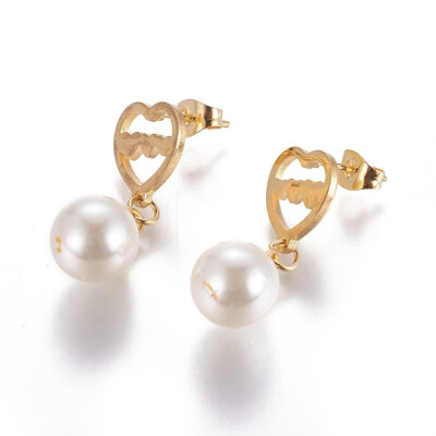 

304 Stainless Steel Dangle Stud Earrings with Plastic Imitation Pearl Heart Golden 28mm Pin 08mm