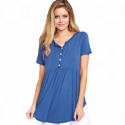 

Solid color V-neck short-sleeved button hem loose casual top