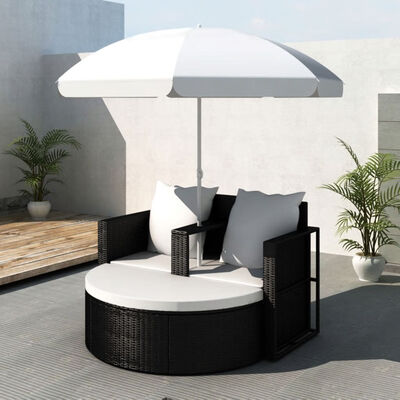 

Garden Bed with Parasol Black Poly Rattan
