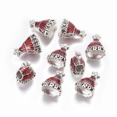 

Tibetan Style Alloy European Beads Large Hole Beads with Enamel&Rhinestone Christmas Tree Crystal AB Antique Silver Red