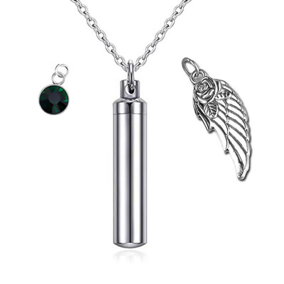 

Cremation Jewelry Urn Necklace for Ashes with Angel Wing Charm & Cylinder Eternity Stainless Steel