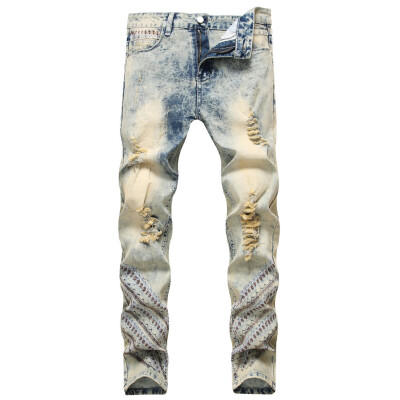 

Gobestart Mens Nostalgic Casual Denim Straight Hole Trouser Distressed Jeans Long Pants