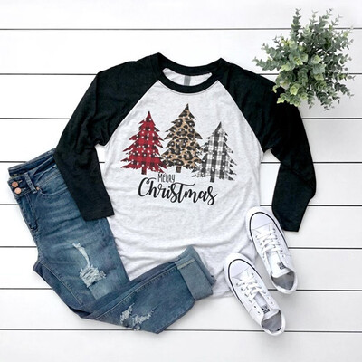 

Tailored Womens Letter Christmas Long Sleeve Print Round Neck Blouse Loose Tops