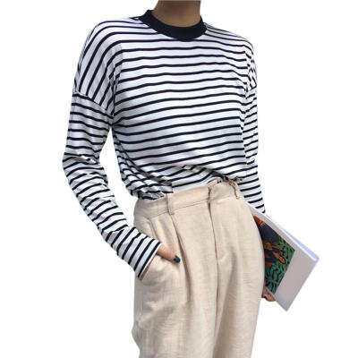 

Striped T-Shirt Women Korean Style Long Sleeve O Neck Tee Shirt Loose Tops