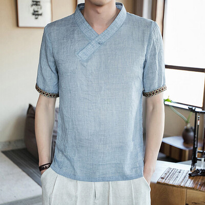 

Mens Linen Short Sleeve Summer Solid Shirts Casual Loose Soft V Neck Tops Tee
