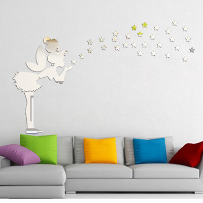 

〖Follure〗Angel Magic Fairy Stars 3D Mirror Wall Sticker Kid Bedroom Decoration Gift Gold
