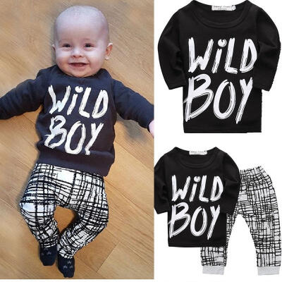 

New Toddler Baby Kid Boys Long Sleeve Letter Tops Plaid Pants Outfits Sets 0-24M