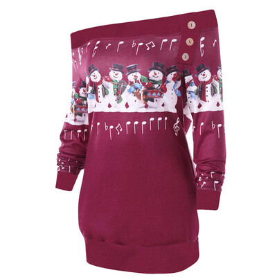

Gobestart Womens Merry Christmas Plus Size Pullover Deer Elk Printed Skew Neck Sweatshirt