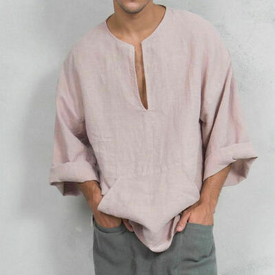 

Mens Summer Autumn Long Sleeve Shirts Loose V-neck Linen T-shirt Tops Tee