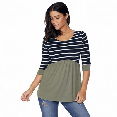 

Round neck cropped sleeves two-color striped stitching hem casual top