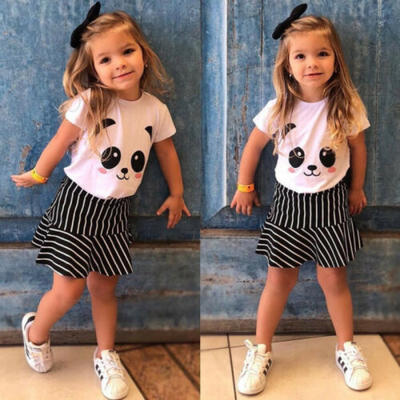 

2PCS Kids Baby Girl Clothes Outfits Panda Tops T-shirtStriped Skirt Dress 1-5Y