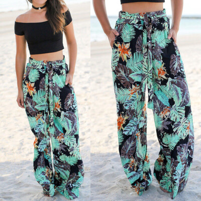 

Women Summer Pockets Leaves Printing Drawstring Wide Leg Pants Leggings